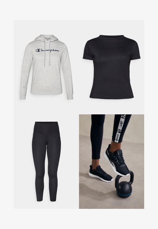 Hanorac gri cu glugă reglabilă, buzunar frontal și logo "Champion" brodat în albastru marin pe piept. Textură de țesătură moale.; Tricou negru cu mânecă scurtă fabricat dintr-o combinație de bumbac, având guler rotund și o textură netedă, fără logo-uri sau modele vizibile.; Leggings negre dintr-un material elastic, cu talie înaltă și două buzunare laterale. Textură netedă cu un design ajustat.; Pantofi sport negri cu un superior texturat, talpă albă și accente gri, amplasați pe o greutate neagră cu o dungă albastră, pe un fundal neutru.