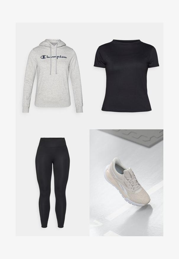 Hallhigiga heledanukuga tõmbluku ja esikotiga, millel on sinise "Champion" logoga tikand rinnal. Pehme kangast tekstuur.; Must t-särk lühikeste varrukatega, valmistatud puuvilla segust, ümmarguse kaelusega ja ühtlase tekstuuriga, ilma nähtavate logode või mustriteta.; Must have mustretired mustwear musthass mustives mustent cute musttranslation muststatements mustthemobile musthass mustmaker mustements mustidea mustquotes mustadvertisements mustwons; Heledad beež spordijalanõud perforatsiooni, tekstuursete aktsentide, pehmendatud krae ja valge kummitaldiga, disainitud mugavuse ja hingavuse tagamiseks.