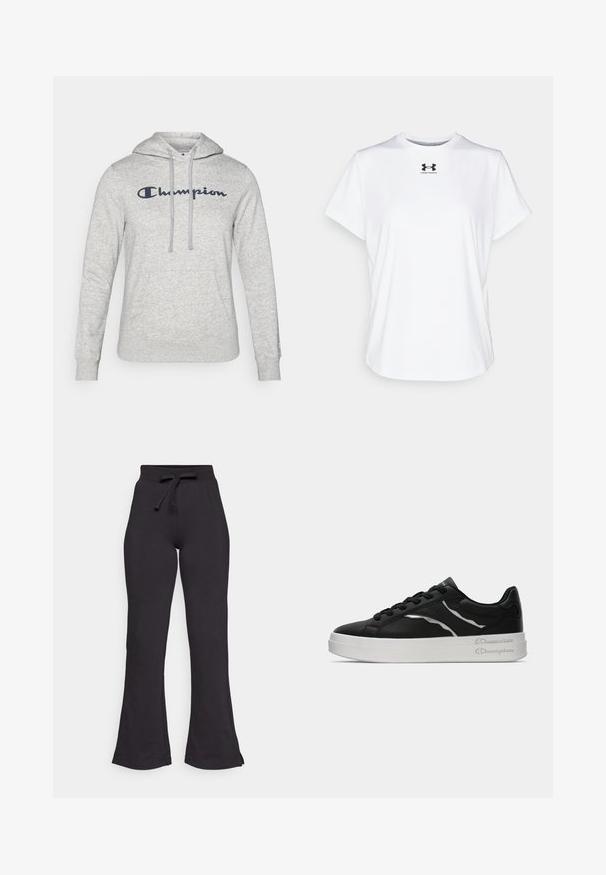 Harmaa huppari, jossa on nauhakuva ja etutasku, sekä sinisestä langasta brodeerattu "Champion"-logo rinnassa. Pehmeä kankaan rakenne.; Valkoinen lyhythihainen T-paita, joka on valmistettu kevyestä kankaasta. Paita on pyöreäkauluksinen ja siinä on musta logo rinnassa. Pinta on sileä ja malli on rento.; Mustat viistot kultapöksyt, jotka on valmistettu pehmeästä kankaasta, ja joissa on nyöri vyötäröllä ja sileä pinta. Suunniteltu mukavuutta ja helppokäyttöisyyttä varten.; Mustat nahkakengät valkoisella pohjalla, ohuilla hopeisilla yksityiskohdilla ja nauhakiristyksellä. Sujuva pinta, jossa on brändätty yksityiskohta kantapäässä.