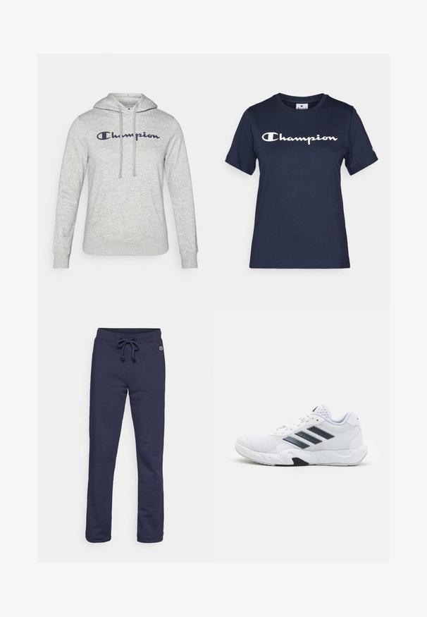 Grey hoodie with a drawstring hood, front pocket, and embroidered "Champion" logo in navy blue across the chest. Soft fabric texture.; Navy blue cotton t-shirt with short sleeves, featuring a white "Champion" logo across the chest and a small logo on the sleeve.; Navy blue sweatpants made of soft cotton blend fabric, featuring a drawstring waist and closed hem, with a small logo accent.; White athletic shoe with mesh upper, three black stripes on the side, textured accents, and a sturdy rubber sole with a contrasting black section.