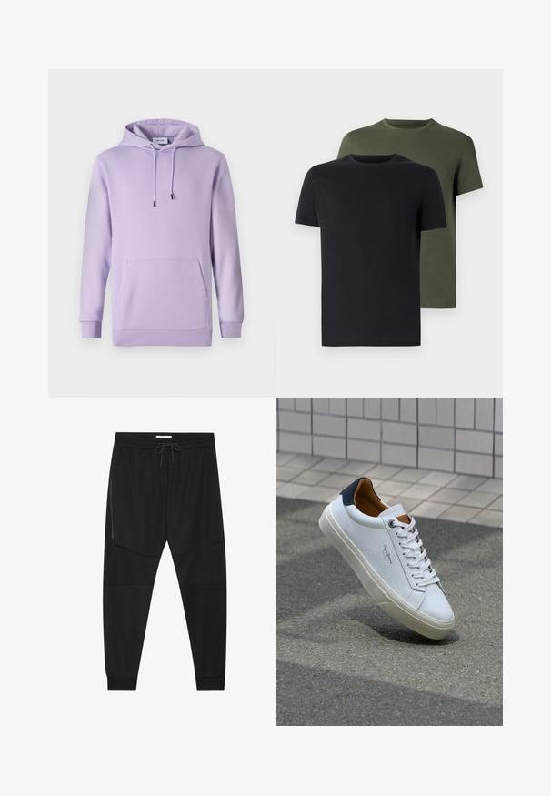 Felpa viola in tessuto morbido, con tasca frontale, coulisse regolabile e polsini e orlo a coste.; Due magliette a girocollo in nero e verde oliva, realizzate in morbido cotone. Il design è semplice, con maniche corte e un taglio dritto.; Pantaloni sportivi neri in tessuto texturizzato, dotati di una vita regolabile, tasca laterale con zip e polsini a gamba affusolata.; Sneaker bianca in pelle con tallone blu, punta rotonda e accenti marroni a contrasto. Presenta lacci piatti e suola in gomma testurizzata.
