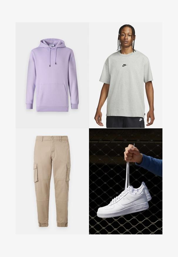 Sudadera morada de tela suave, con un bolsillo frontal, cordones ajustables y puños y dobladillo de canalé.; Joven con cabello trenzado que lleva una camiseta Nike gris claro y pantalones cortos Nike negros frente a un fondo blanco liso.; Pantalones cargo beige de un material de algodón ligero. Presenta puños elásticos, múltiples bolsillos laterales y un cierre de botón.; Zapatillas de cuero blanco con perforaciones, punta redonda, suela plana y cordones gruesos, con un logo de swoosh visible y "AIR" en el talón.