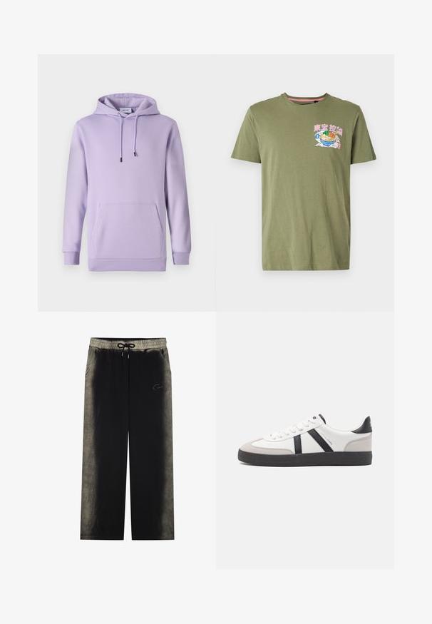 Paarse hoodie van zacht materiaal, met een voorzak, verstelbare trekkoorden en ribgebreide manchetten en zoom.; Olijfgroene katoenen T-shirt met een geprinte kom met eten ontwerp in roze, blauw en groen, met een ronde hals en korte mouwen.; YOURTURN UNISEX - Trainingsbroek - black; Witte sneaker met zwarte en grijze accenten, voorzien van een grijze neus met textuur, zwarte rubberen zool en platte witte veters. Schoon ontwerp, minimalistische stijl.