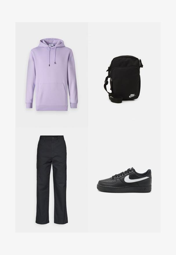 Felpa viola in tessuto morbido, con tasca frontale, coulisse regolabile e polsini e orlo a coste.; Pantaloni cargo neri con un design a gamba dritta, dotati di tasche laterali e un tessuto testurizzato. Chiusura con bottone in vita per una vestibilità sicura.; Sneaker Nike Air Force 1 nere con tomaia in pelle liscia, accentuato da un logo bianco, punta perforata e suola in gomma testurizzata.; Borsa a tracolla nera in nylon con cintura regolabile, scomparti con zip e logo Nike bianco sulla parte anteriore. Texture liscia, forma rettangolare.