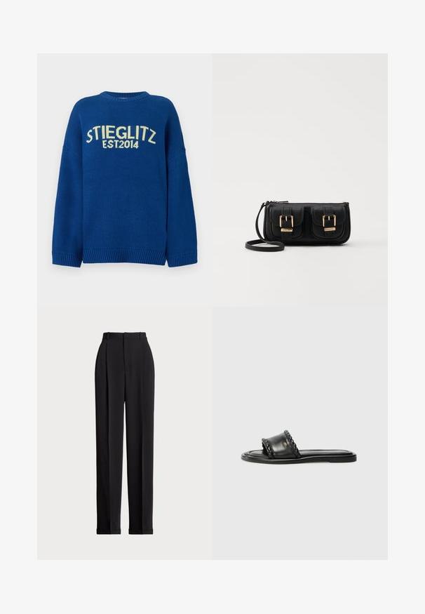 Pulôver azul de malha com ombros caídos, punhos e barra canelados. Apresenta texto amarelo em contraste "STIEGLITZ EST.2014" na parte da frente.; Calças pretas ajustadas com uma cintura alta, apresentando pregas na frente, um design de perna reta e bainha com punho. Feitas de tecido suave.; Sandal preto em couro com detalhe de fita trançada, sola plana e design elegante. Textura suave e perfil minimalista.; Bolsa de ombro em couro preto com dois bolsos frontais, fivelas douradas, fecho de zíper e uma alça fina. Superfície texturizada e forma retangular compacta.