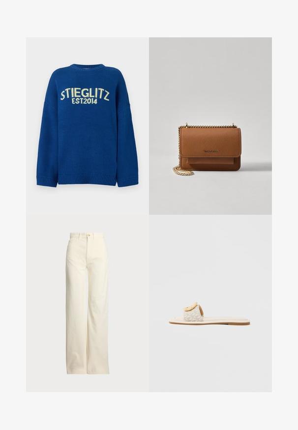 Blå strikkegenser med dropped shoulders, ribbestrikkede mansjetter og hem. Har kontrasterende gul tekst "STIEGLITZ EST.2014" på fronten.; Polo Ralph Lauren COTTON CORDUROY WIDE-LEG PANT - Bukse - warm white; Slip-onsandal med en beige rem med geometrisk mønster, en rundet gul detalj på overdelen og en flat, lys såle.; Brun teksturert lær crossover-veske med gullkjede-stropp og klaffelukking. Fronten har logo-detalj og en lomme under klaffen.