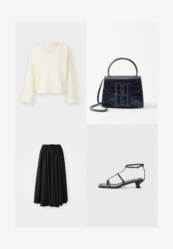 Häkelpullover in Off-White mit V-Ausschnitt, überschnittenen Schultern und langen Ärmeln; hat ein offenes Muster und einen cropped Schnitt.; Schwarze, knöchellange Skirt aus leichtem Stoff. Verfügt über einen gerafften Bund mit einem Kordelzug für eine verstellbare Passform und eine ausgestellte Silhouette.; Schwarze Ledersandale mit quadratischer Zehenpartie, dünnen Riemen, verstellbarem Knöchelriemen und einem niedrigen Absatz. Mit einem kleinen goldenen Akzent am Riemen.; Schwarze Handtasche aus Krokodilprägung mit strukturiertem Design, Oberhandgriff, verstellbarem Tragegurt und einem auffälligen Logo-Detail auf der Vorderseite.