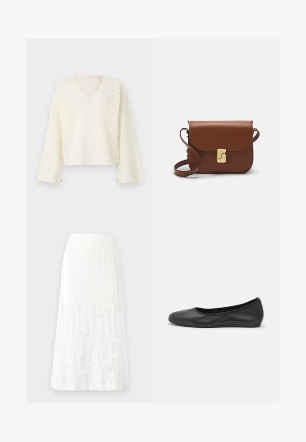 Lace knit sweater in off-white with a V-neck, dropped shoulders, and long sleeves; features an open pattern and cropped cut.; Knit white midi skirt featuring a textured pattern with vertical lines and cut-out details near the hem. Elastic waistband. Soft material.; Black leather ballet flat with a rounded toe, smooth texture, minimal stitching detail, and a flexible sole design.; Brown leather handbag with a flap closure, gold-tone hardware, a shoulder strap, and a smooth texture. Compact rectangular shape.