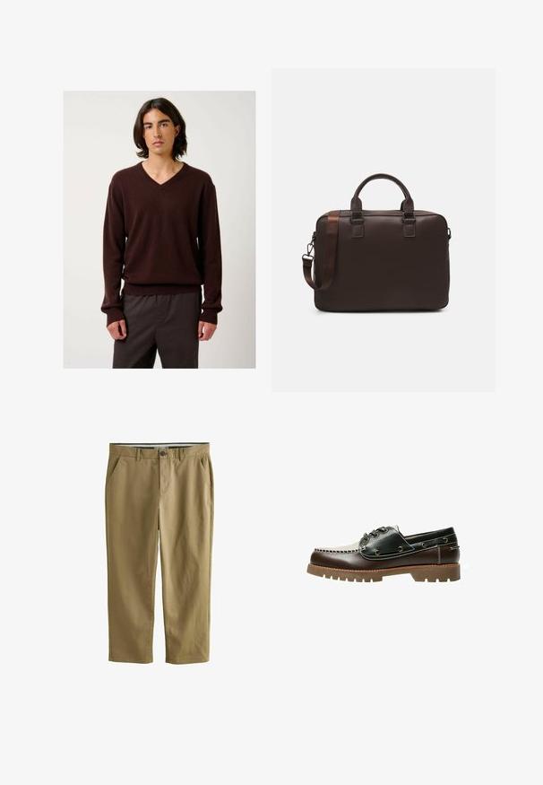 Bruine V-hals trui gemaakt van zacht materiaal met lange mouwen en geribbelde manchetten. Gepaard met donkere, losse broeken. Eenvoudig en strak ontwerp.; Khaki chino's van een katoenmix, uitgerust met twee zijzakken, een knoopsluiting, rechte pijpen en een gladde textuur.; Bruine en zwarte leren boot schoen met veters, contrasterende stiksels en een gestructureerde rubberen zool. Voorzien van metalen ogen en een afgeronde neus.; Bruine leren laptoptas met een gevarieerde textuur, dubbele handvaten aan de bovenkant, verstelbare schouderriem en twee voorste gespen voor extra detail.
