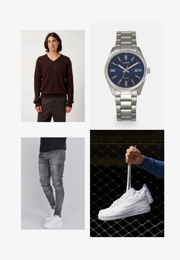 Hnědý svetr s výstřihem do V vyrobený z měkkého materiálu s dlouhými rukávy a žebrovanými manžetami. Vytvořený v kombinaci s tmavými, volně střiženými kalhotami. Jednoduchý a elegantní design.; Slim fit džíny v bledě šedém denimovém provedení, s opotřebovanými detaily na kolenou, kombinované s bílými teniskami. Hladká textura, těsný střih.; Bílé kožené tenisky s perforacemi, kulatou špičkou, plochou podrážkou a silnými tkaničkami, které mají viditelné logo swoosh a nápis "AIR" na patě.; Stříbrný nerezový náramkový hodinky s navy modrým ciferníkem, kovovými hodinovými značkami a oknem pro datum na hodině 3. Vodotěsné do 50 metrů.