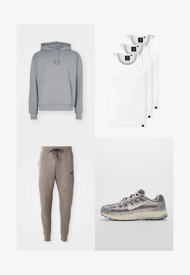 Szara bluza z kapturem wykonana z miękkiej mieszanki bawełny. Posiada przednią kieszeń kangurką, regulowany kaptur na sznurku oraz małą naszywkę z logo na klatce piersiowej.; Trzy białe prążkowane koszulki na ramiączkach wykonane z bawełny. Posiadają okrągły dekolt i małe czarne metki blisko dolnego brzegu. Dostępne w różnych rozmiarach.; Szare dresy Nike z elastycznym pasem ze sznurkowym zapięciem, zwężanymi nogawkami, bocznymi kieszeniami i wyraźnymi detalami szwów. Miękka, teksturowana tkanina.; Szare buty sportowe z siateczkowym i zamszowym wierzchem, białymi akcentami, amortyzowaną podeszwą oraz charakterystycznym designem z elementami odblaskowymi.