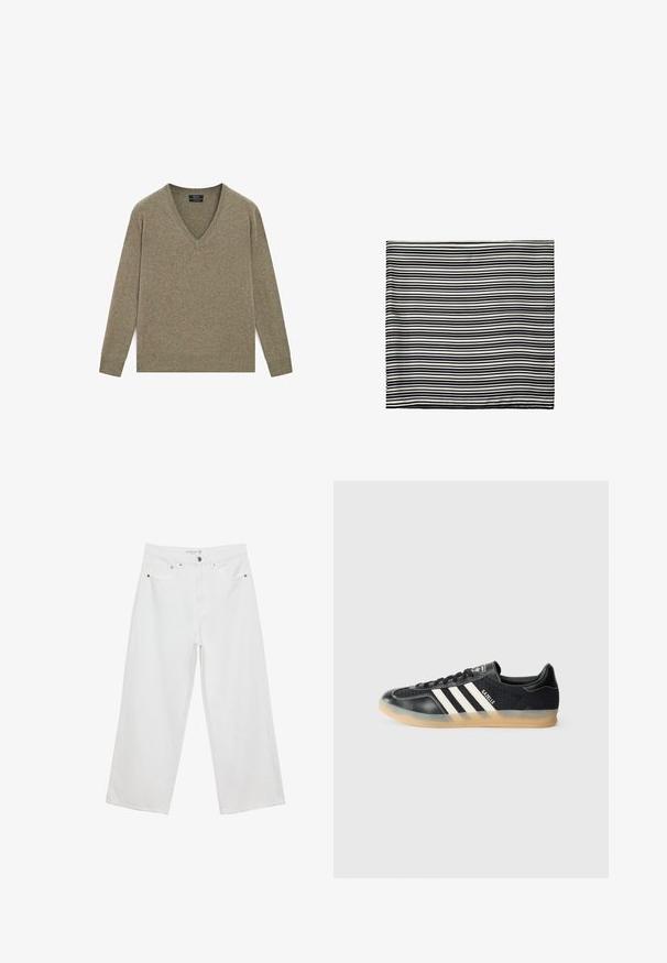 Olivgrüner V-Ausschnitt-Pullover mit langen Ärmeln, gerippten Bündchen und Saum, aus einem weichen Strickmaterial gefertigt, mit glatter Textur und minimaler Detailierung.; Weiße Jeans im weit geschnittenen Design aus Denim mit hoher Taille, ausgestattet mit fünf Taschen und Metallbeschlägen. Glatte Textur, keine sichtbaren Muster.; Schwarzer Sportschuh mit weißen Streifen, strukturiertem Stoff, glattem Lederzehen und einer Sohle aus Gummi. Mit Logo auf der Zunge.; Schwarz-weißer gestreifter Schal aus leichtem Stoff. Rechteckige Form mit gleichmäßigen, abwechselnden Streifen unterschiedlicher Breite. Weiche Textur.; Schwarze Lederhandtasche mit strukturiertem Design, oberem Griff und einem goldenen Metallschnappverschluss auf der Vorderseite. Glatte Textur, minimale Nähte.