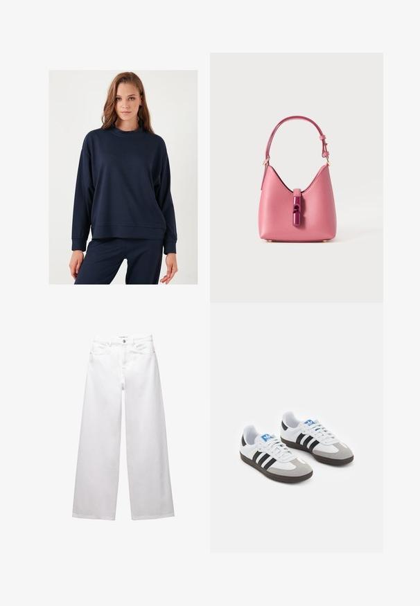 Tengerészkék, túlméretezett pulóver kerek nyakkal, hosszú ujjal és bordás mandzsettával. Puha anyag, sima textúrával. Összeillő szett stílus.; Fehér, bő szárú farmernadrág. Gombos záródással, elülső és hátsó zsebekkel, valamint steppelt varrásokkal rendelkezik. Simas textura, minimális díszítéssel.; Fehér bőr felsőrészes sportcipő, szürke velúrból készült orral és három fekete csíkkal. Jellemzője a kék logó a nyelvén és egy texturált gumitalp.; Rózsaszín bőrtáska strukturált formával, fényes csattal és egy állítható pánttal. Textúrált felület aranyszínű fémrészekkel.