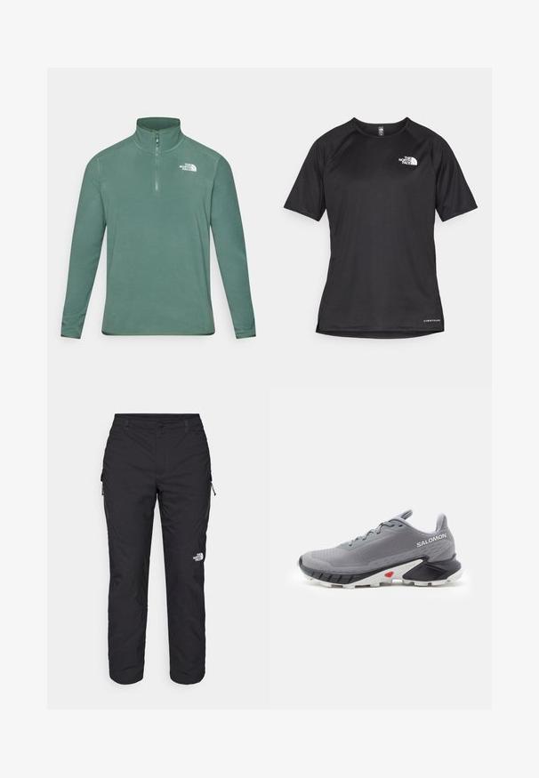 Zöld bolyhos pulóver magas nyakkal és fél cipzárral. Hosszú ujjakkal rendelkezik, és a bal felső mellrészen egy fehér logó található. Sima tapintású.; Fekete, rövid ujjú sportpóló struktúrált anyagból, bal mellen fehér logóval és egyenes aljjal.; The North Face WINTER EXPLORATION TAPERED CARGO - Szabadtéri nadrágok - black; Szürke futócipők texturált hálós felsőrésszel, fekete és fehér gumitalppal, valamint piros díszítéssel a saroknál. Fűzőkkel és támogató kialakítással rendelkezik.