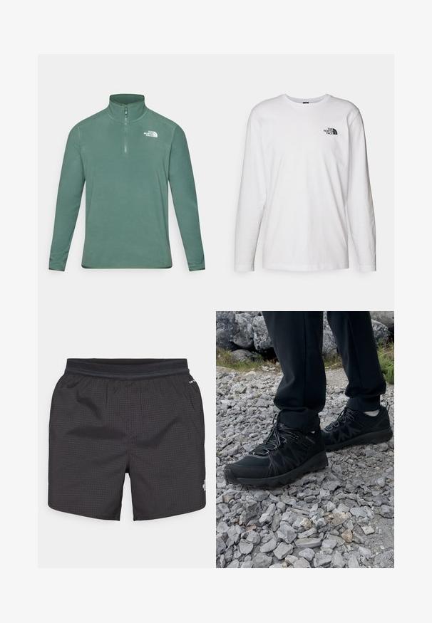Zielony polarowy sweter z wysokim kołnierzem i pół zamkiem błyskawicznym. Posiada długie rękawy oraz biały logo na górnej lewej części klatki piersiowej. Gładka faktura.; Biała koszulka z długim rękawem wykonana z bawełny, z okrągłym dekoltem. Posiada małe czarne logo na piersi. Gładka faktura, regularny krój.; Czarne szorty kąpielowe wykonane z lekkiego materiału w kratkę. Posiadają elastyczny pas i logo z przodu.; Czarne buty outdoorowe wykonane z siateczki i materiału syntetycznego, z fakturowaną cholewką, zabezpieczonym systemem sznurowania i solidną podeszwą, na skalistym terenie.