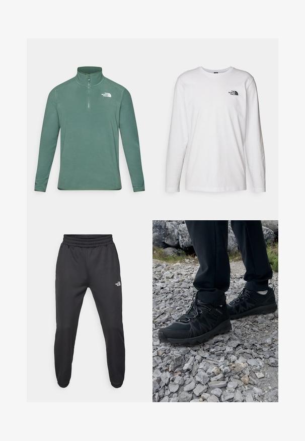 Zelený fleecový svetr s vysokým límcem a půlzipem. Má dlouhé rukávy a bílé logo na horní levé straně hrudi. Hladká textura.; Bílý dlouhý rukáv tričko vyrobené z bavlny s kulatým výstřihem. Na hrudi se nachází malé černé logo. Hladká textura, běžný střih.; Černé tepláky s nastavitelným pasem, zúženým střihem, elastickými manžetami a malým bílým logem na levém stehně, vyrobené z hladké tkaniny.; Černé venkovní boty z prodyšného a syntetického materiálu, s texturovaným svrškem, bezpečným šněrovacím systémem a robustní podrážkou, na skalnatém terénu.