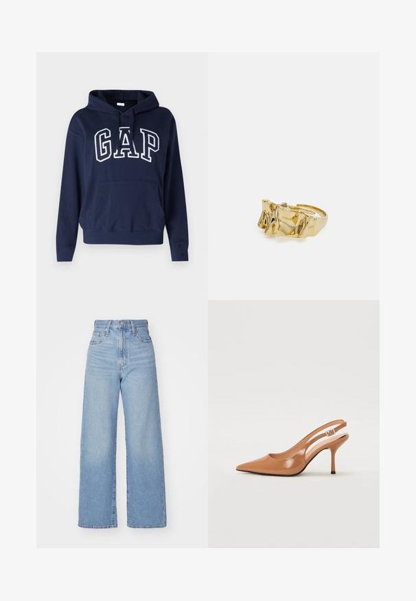 Sudadera azul marino hecha de una mezcla de algodón, con un bolsillo frontal, puños y dobladillo acanalados, y con "GAP" impreso de manera prominente en blanco.; Jeans de tiro alto y pernera ancha en azul claro, con cierre frontal de botón y cremallera, y bolsillos delantero y trasero, sobre un fondo blanco.; Zapato de tacón tipo slingback con punta afilada en un material suave y brillante de color marrón. Presenta un diseño con corte curvado y un tacón de aguja delgado. Detalle de hebilla plateada.; Anillo de oro con diseño texturizado y ondulado que presenta tres picos prominentes. Superficie lisa y brillante con una banda abierta para un ajuste ajustable.
