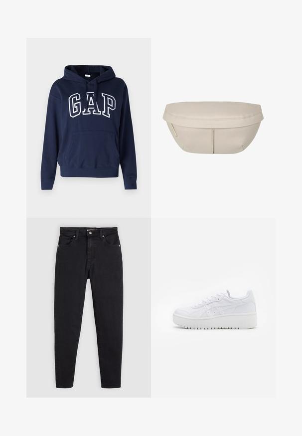 Mörkblå huvtröja tillverkad av bomullsmaterial, med en framficka, ribbade ärmslut och nederkant, där "GAP" är tryckt i vitt.; Svarta slim-fit jeans med knapp- och dragkedjestängning, femfickorsdesign och bältesömmar på en ljusgrå bakgrund.; Vita plattformssneakers i slät läderstruktur, med perforerad detaljering och platta snörningar; har en tjock vit gummisula.; Beige tygpås med rundad form, med en platt topp och subtila sömdetaljer. Inkluderar en minimalistisk logotyp och en sidoremsa.