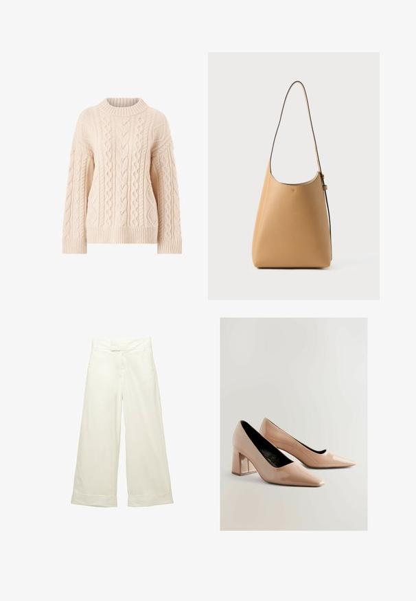Pull en tricot beige clair avec un design en câble texturé, col, poignets et ourlet côtelés. Présente une coupe ample et des manches longues.; Pantalons à jambes larges en tissu doux de couleur crème. Dotés d'une taille plate et de poignets roulés. Texture lisse avec un design épuré et minimaliste.; Bottines à talons carrés en cuir verni nude avec un bout pointu et une finition brillante. Présente une texture lisse et un talon de hauteur intermédiaire.; Sac en cuir léger couleur beige clair, avec une texture lisse, un design minimaliste, une seule sangle incurvée et des détails matériels discrets.