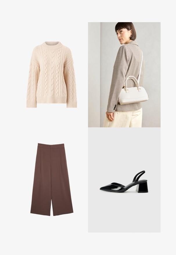 Brede gebreide trui in lichtbeige met een gestructureerd kabelontwerp, geribbelde halslijn, mouwen en zoom. Heeft een losvallende fit en lange mouwen.; Bruine wijde broek met een gladde textuur, voorzien van een hoge taille en plooien aan de voorkant. De stof is lichtgewicht en valt losjes.; Zwarte gepatineerde leren slingback hakken met een spitse neus en een geometrische blokhak. Kenmerkt zich door een slank, minimalistisch ontwerp en een gladde textuur.; Witte gestructureerde handtas met korte handvatten en een schouderband, voorzien van gouden hardwareaccenten en een textuurmateriaal, tentoongesteld tegen een grijze achtergrond.
