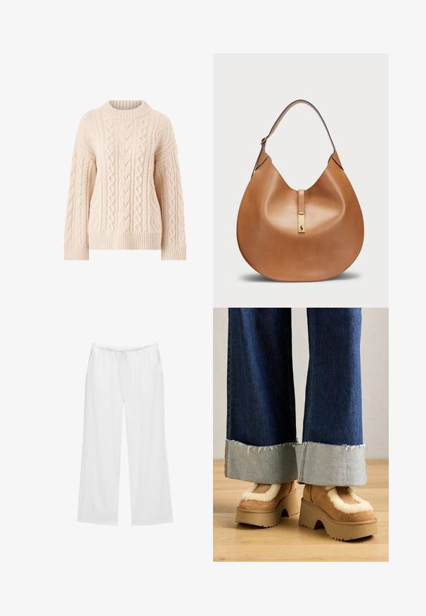 Strikket sweater i lys beige med et tekstureret kabeldesign, ribbet halsudskæring, manchetter og kant. Har en løs pasform og lange ærmer.; Hvide bredbenede bukser lavet af blødt stof, med en elastisk talje og snøring samt to sidelommer. Simpelt og rent design.; Brune ruskinds platform støvler med cremefarvet pelsfor, parret med brede denimbukser med rå afslutninger og en lysere denimsmock.; Tan lædertaske med en buet form og en bred skulderrem. Har et guld metalaccent i midten og en glat overflade.