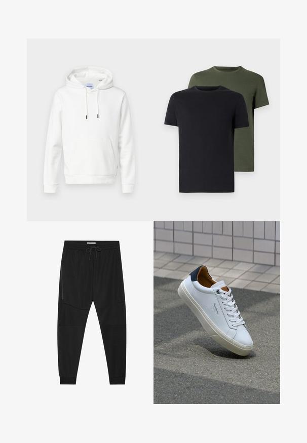 White hoodie made of soft cotton, featuring a front pocket, adjustable drawstrings, and ribbed cuffs. Simple, solid design with a relaxed fit.; Two crew-neck t-shirts in black and olive green, made of soft cotton fabric. The design is simple with short sleeves and a straight cut.; Black athletic pants made of textured fabric, featuring an adjustable waistband, zippered side pocket, and tapered cuffs.; White leather sneaker with a navy heel, round toe, and contrasting brown accents. Features flat laces and textured rubber sole.