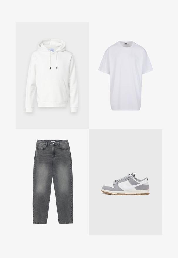 Balta gobtuvė, pagaminta iš minkštos medvilnės, su priekiu kišene, reguliuojamais raišteliais ir ribotu minkštumu. Paprastas, vientisas dizainas su laisvu siluetu.; Balta medvilninė marškinėlių užsagėlė su trumpomis rankovėmis, apvaliu kaklu, laisva forma ir be matomų logotipų ar raštų. Lygi tekstūra ir minimalus dizainas.; Aukštai juosmeniu, laisvai krentančios džinsai iš blukusių juodų džinsų. Savybės: penki kišenės, diržo kilpos ir švari, tiesi kojų dizainas.; Pilka ir balta sportinė avalynė su zomšiniu ir odiniu viršumi, suapvalintu pirštu, plokščiomis raištelėmis ir guminėmis padais su guminiu akcentu.