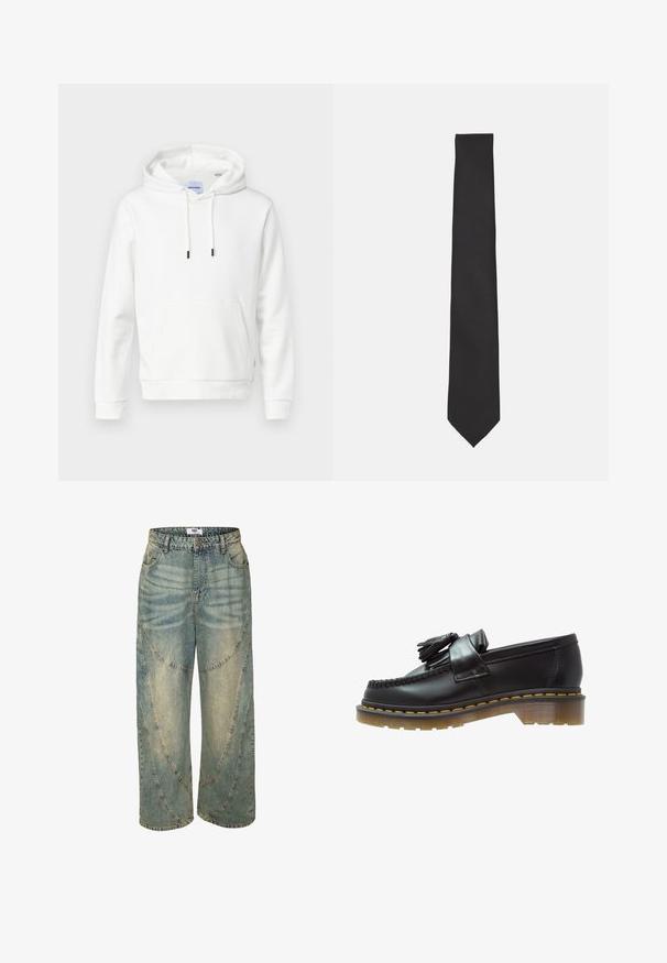 Valge kapuutsiga sweatshirt, mis on valmistatud pehmest puuvillast, millel on eesmine tasku, reguleeritavad nöörid ja soonikkudega mansetid. Lihtne, ühtlane disain koos mugava lõikega.; Heledad sinised laiad püksid kõrge vöökohaga, millel on kaarjad õmblusdetailid ja lõpetatud äärted. Valmistatud denimist, millel on pleekinud laigud.; Mustad nahast loojakad tekstureeritud viimistlusega, kaunistatud dekoratiivsete tupsudega ja kontrastset kollastniiti, paksel läbipaistval tallal.; Siletiikide must lips, mis on valmistatud siledast kangast, omab kitsast ja piklikku kuju terava otsaga ning ilma nähtavate mustrite või aktsentideta.