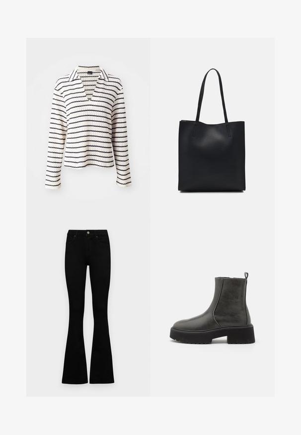 Kreminis, su tamsiai mėlynomis horizontaliomis dryžiais, ilgos rankovės marškinėliai su apykakle. Medžiaga atrodo tekstūruota, turi V formos iškirpimą ir laisvą siluetą.; Juodos aukšto liemens džinsai su mygtuku ir užtrauktuku, priekinėmis kišenėmis ir platėjančiomis kojomis, išdėstyti ant baltos fono.; Juodi kulkšnies auliniai bateliai su lygiu sintetinės medžiagos paviršiumi, elastiniais šonais, traukimo kilpa ir storu guminiais padu.; Juodas odinis tote krepšys su lygia tekstūra, stačiakampio formos ir dviem ilgais rankenomis. Matomų metalinių detalių ar puošybos nėra.