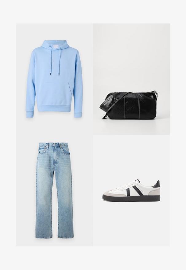 Light blue hoodie in soft material, featuring a front kangaroo pocket, adjustable drawstrings, and ribbed cuffs and hem.; Light blue denim jeans with wide straight legs, five-pocket design, and a belt looped waistband. Fabric shows a slightly faded texture.; White sneaker with black and gray accents, featuring a textured gray toe cap, black rubber sole, and flat white laces. Clean design, minimalist style.; Black leather shoulder bag with a zip closure, featuring a textured body, white stitching, and a strap with silver grommets.