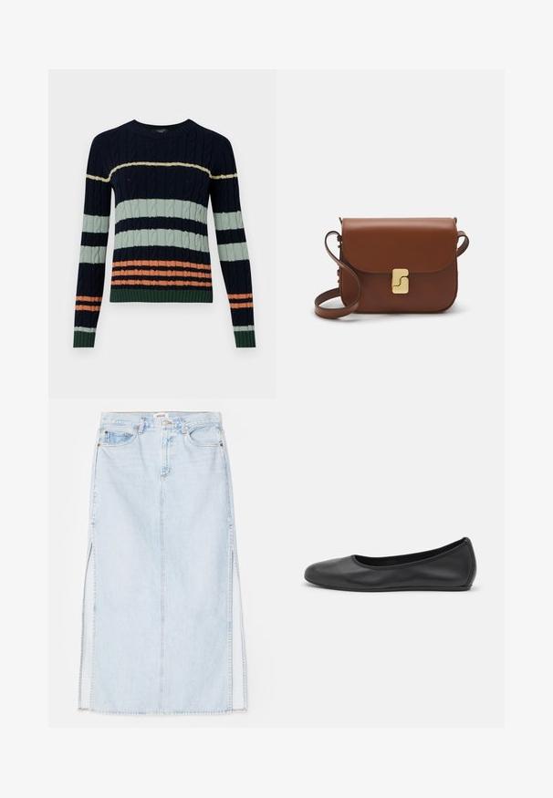 Gebreide trui met marineblauwe, mintgroene en koraalkleurige strepen, een kabelpatroon en ribbelmanchetten en -zoom. Ronde halsontwerp.; Lichtblauwe denim maxi rok met een rechte snit, voorzien van zijsplits en een ontwerp met vijf zakken. Opvallende stiksels en metalen knoopsluiting.; Zwarte leren ballerina met een ronde neus, gladde textuur, minimale stikdetails en een flexibele zoolontwerp.; Bruine leren handtas met een klep sluiting, gouden hardware, een schouderband en een gladde textuur. Compact rechthoekige vorm.