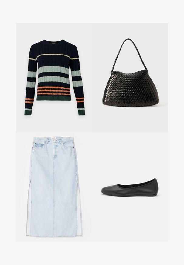 Knitted sweater featuring navy, mint green, and coral stripes with a cable pattern and ribbed cuffs and hem. Crew neck design.; Light blue denim maxi skirt with a straight cut, featuring side slits and five-pocket design. Prominent stitching and metal button closure.; Black leather ballet flat with a rounded toe, smooth texture, minimal stitching detail, and a flexible sole design.; Black woven leather handbag with a curved, soft shape and a single braided strap, featuring a smooth texture and an intricate pattern.