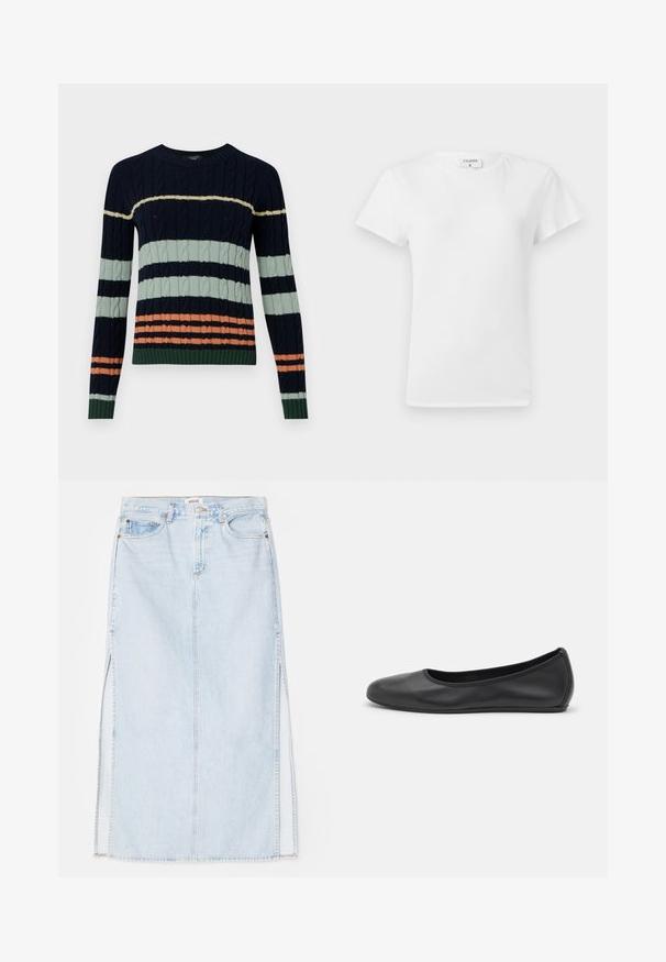 Pletený svetr s námořnickými, mátovými a korálovými pruhy, se zaplétaným vzorem a ribovými rukávy a lemem. Design s kulatým výstřihem.; Bílá bavlněná tričko s kulatým výstřihem a krátkými rukávy, s uvolněným střihem a minimalistickým designem. Štítek je viditelný na krku.; Světle modrá denimová maxi sukně se střihém do tvaru A, která má boční rozparky a design s pěti kapsami. Výrazné švy a kovové zapínání na knoflík.; Černé kožené baletní byty s kulatou špičkou, hladkou texturou, minimálními švy a flexibilním designem podrážky.