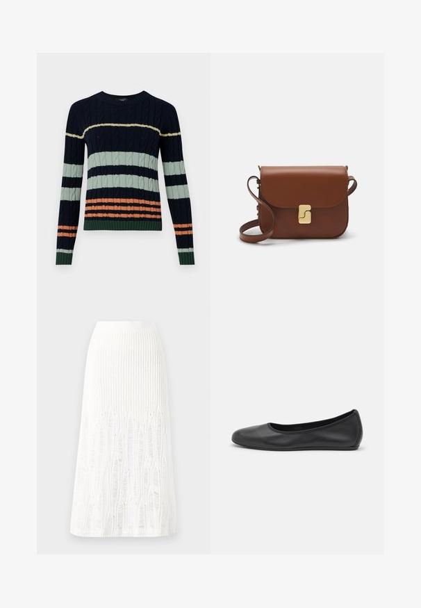 Knitted sweater featuring navy, mint green, and coral stripes with a cable pattern and ribbed cuffs and hem. Crew neck design.; White short-sleeve t-shirt made of ribbed fabric. Round neckline, regular fit, and subtle stitching details. No patterns or graphics.; Knit white midi skirt featuring a textured pattern with vertical lines and cut-out details near the hem. Elastic waistband. Soft material.; Black leather ballet flat with a rounded toe, smooth texture, minimal stitching detail, and a flexible sole design.; Brown leather handbag with a flap closure, gold-tone hardware, a shoulder strap, and a smooth texture. Compact rectangular shape.