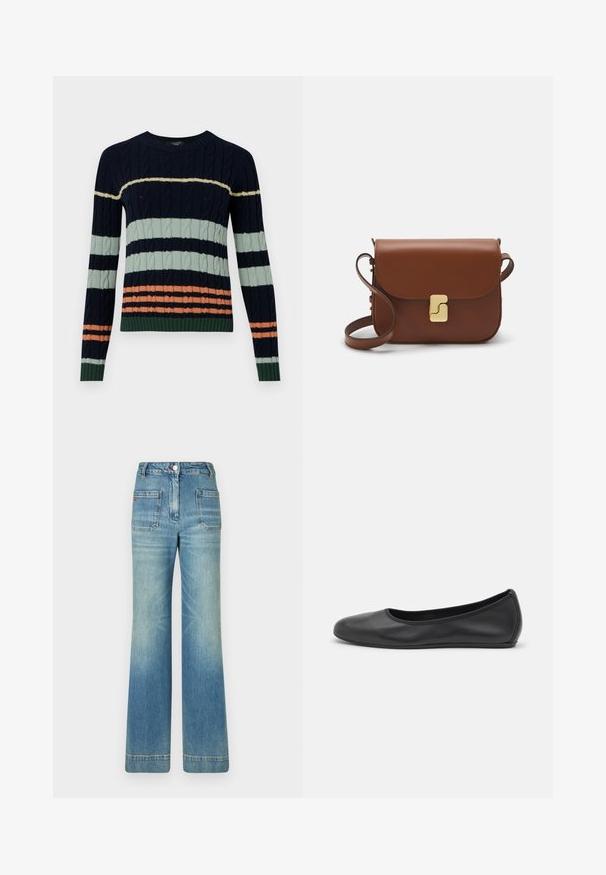 Kootud sviiter, millel on laevade, piparmündiroheline ja korallroosa triibud, koos kabelimustriga ning soonikute ja hemiga. Ümar kaelaaugu disain.; Valge lühikeste varrukatega T-särk ribatud kangast. Ümara kaelusega, tavalisest sobivusest ja peente õmbluse detailidega. Ilma mustrite või graafikateta.; Heledad sinine denimist laienevad teksad viie tasku, vöödega, nööbiga kinnitusega ja kergelt tuhmise tekstuuriga, tagaküljel punane logo detail.; Musthave mustika tantsutossud mustast nahast, ümmarguse varbaga, siledast tekstuurist, minimaalse õmblusdetailiga ja paindliku tallakujundusega.; Pruunist nahast käekott, millel on klapiga sulgur, kuldne riistvara, õlarihm ja sile tekstuur. Kompaktne ristkülikukujuline vorm.