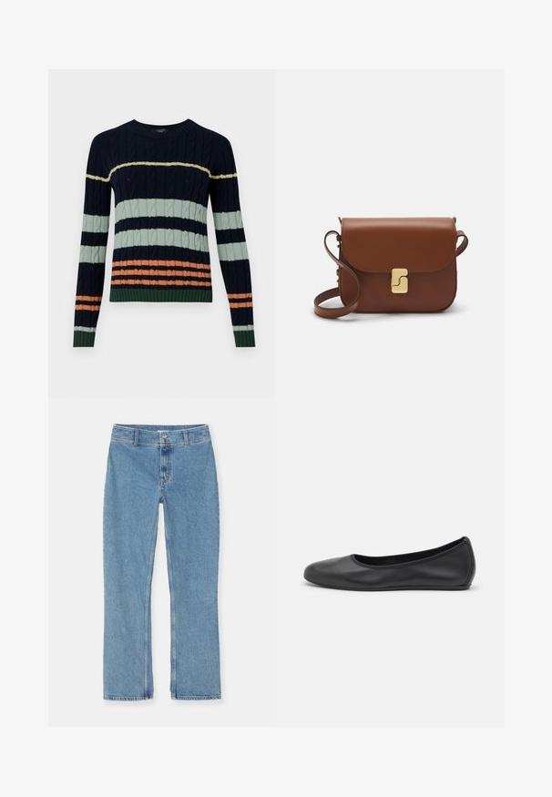 Pletený sveter s námorníckymi, mätovo zelenými a koralovými pruhmi, s káblovým vzorom a rebrovými manžetami a spodným okrajom. Dizajn s kruhovým výstrihom.; Biela krátka tričko s krátkymi rukávmi vyrobené z rebrovanej látky. Klasický okrúhly výstrih, bežný strih a jemné švy. Bez vzorov alebo grafiky.; Svetlo modré džínsy s rovnými nohavicami, zapínanie na gombík a zips, pútka na opasok a klasické stehy na bielom pozadí.; Čierne kožené baleríny s okrúhlou špičkou, hladkým povrchom, minimálnym prešívaním a flexibilným dizajnom podrážky.; Hnedá kožená kabelka s klopou, zlatými kovovými prvkami, ramenným popruhom a hladkým povrchom. Kompaktný obdĺžnikový tvar.