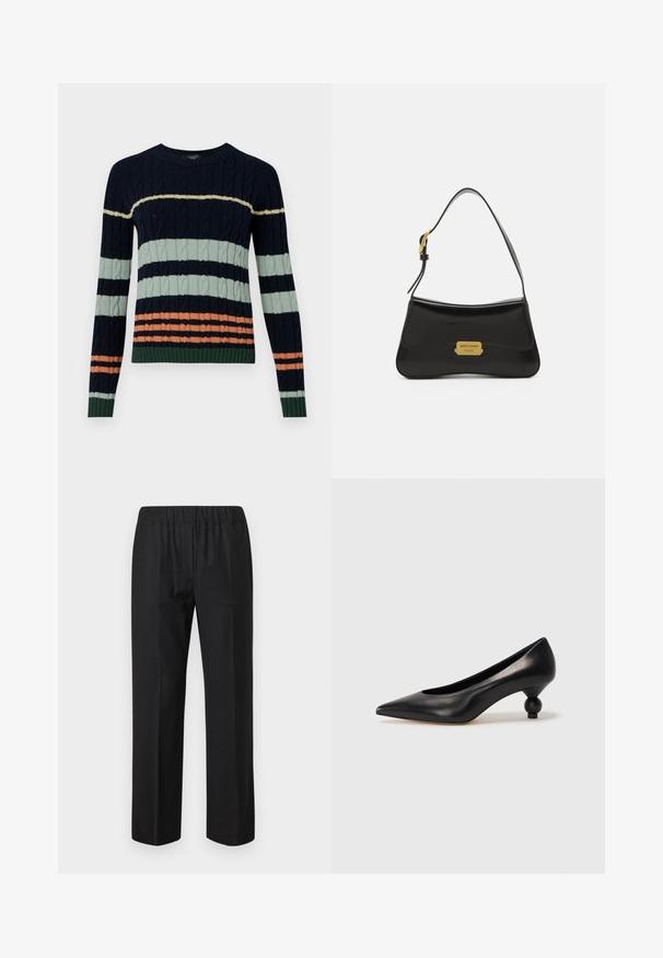 Pulover tricotat cu dungi de navy, verde mentă și corai, având un model cu cabluri și mansete și tiv ondulat. Design cu gât rotund.; Pantaloni negri cu un elastic în talie, design cu picior drept și fără buzunare vizibile. Material neted cu un finisaj mat.; Pantofii cu toc înalt din piele neagră, cu vârf ascuțit și toc rotund, mimos. Textură netedă, cu un design elegant și minimalist.; Geantă de umăr din piele neagră, cu un design curbat, accent cu placă logo aurie și un breloc subțire. Textură netedă cu un finisaj elegant.