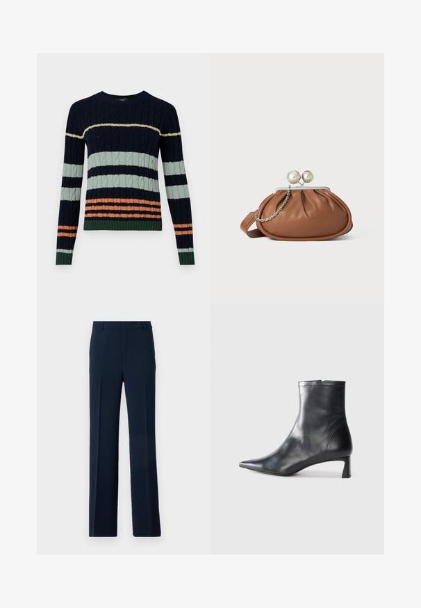 Knitted sweater featuring navy, mint green, and coral stripes with a cable pattern and ribbed cuffs and hem. Crew neck design.; Navy blue trousers made of smooth fabric, featuring a straight leg design with front pleats and side pockets for a tailored look.; Black leather ankle boot with a pointed toe and a sleek design. Features a low heel and a zipper closure at the back. Smooth texture.; Brown leather clutch purse with silver ball clasp and a small silver chain detail on a white background.
