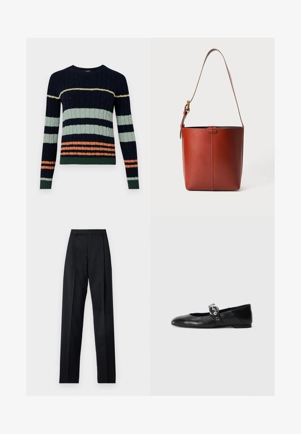 Pulover tricotat cu dungi de navy, verde mentă și corai, având un model cu cabluri și mansete și tiv ondulat. Design cu gât rotund.; Pantaloni negri dintr-un material neted, cu talie înaltă, picioare largi, pliuri frontale și loop-uri clasice pentru curea. Fără buzunare laterale vizibile.; Balerini din piele neagră, cu vârful ascuțit, având o curea cu o cataramă metalică circulară și o talpă plată.; Geantă de mână din piele maro, cu m解除at la umăr reglabil și cataramă aurie, detaliu simplu cu cusătura verticală pe față.