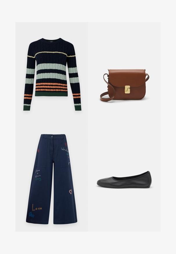 Kootud sviiter, millel on laevade, piparmündiroheline ja korallroosa triibud, koos kabelimustriga ning soonikute ja hemiga. Ümar kaelaaugu disain.; Tumesinine laiad püksid puuvillast mitmete taskutega. Omaduseks on värviline tikandtekst ja graafika, sealhulgas südamed ja mängulised fraasid.; Musthave mustika tantsutossud mustast nahast, ümmarguse varbaga, siledast tekstuurist, minimaalse õmblusdetailiga ja paindliku tallakujundusega.; Pruunist nahast käekott, millel on klapiga sulgur, kuldne riistvara, õlarihm ja sile tekstuur. Kompaktne ristkülikukujuline vorm.