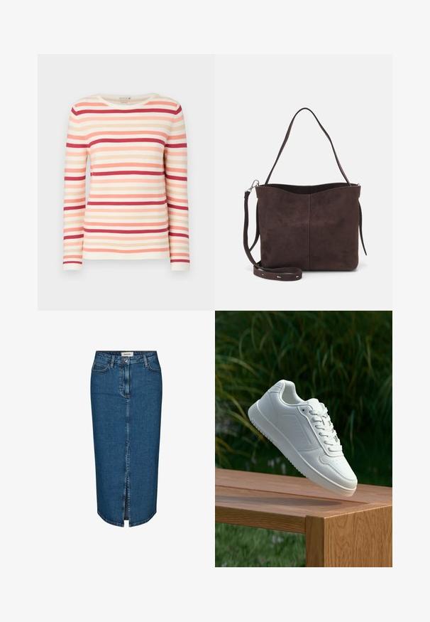 Long-sleeve striped sweater featuring soft fabric, horizontal lines in shades of peach, pink, and red, with a crew neckline and ribbed texture.; Denim pencil skirt in dark blue, featuring a front slit, five pockets, and contrasting stitching. Mid-rise waist with a classic design.; White sneaker with a smooth synthetic upper, perforated toe box, flat laces, and a textured sole, displayed on a wooden surface.; Brown suede tote bag with a soft texture, featuring a single shoulder strap and a subtle curved top opening. No visible hardware details.