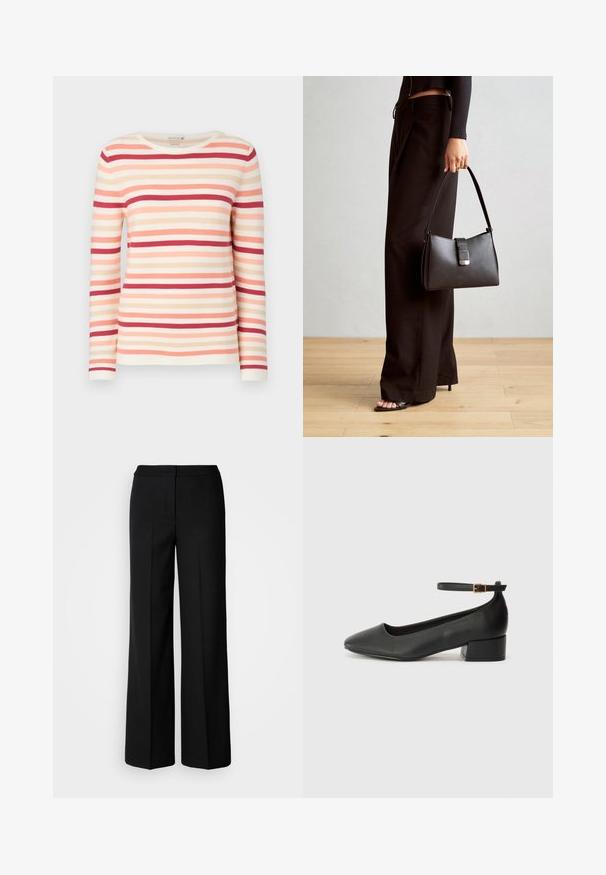 Μακρυμάνικη ριγέ μπλούζα από μαλακό ύφασμα, με οριζόντιες γραμμές σε αποχρώσεις ροδακινί, ροζ και κόκκινο, με στρογγυλή λαιμόκοψη και ριμπ ύφανση.; Μαύρο παντελόνι φαρδύς ποδός με λείο ύφασμα, που διαθέτει ψηλή μέση, ραφές με κοπή και μινιμαλιστικό σχέδιο. Χωρίς ορατά αξεσουάρ ή τσέπες.; Μαύρο δερμάτινο τακούνι με μυτερή μύτη και χαμηλό τετράγωνο τακούνι. Διαθέτει λουράκι στον αστράγαλο με χρυσό τόνο πόρπη. Λείο υφή.; Μαύρη τσάντα χειρός με δομημένο σχήμα, λεία υφή και μεταλλικό κούμπωμα. Συνδυασμένη με φαρδιά μαύρα παντελόνια και σανδάλια ανοιχτής μύτης πάνω σε ξύλινο πάτωμα.