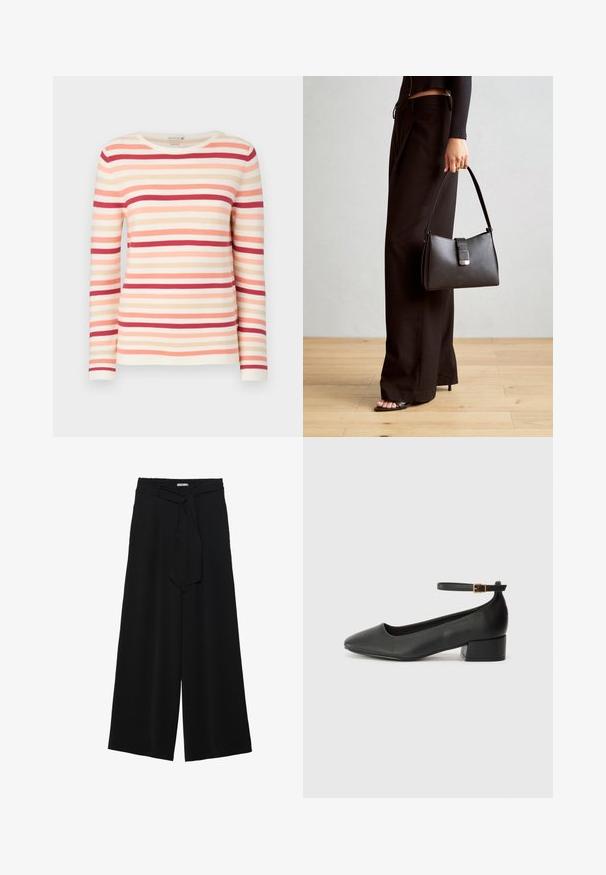 Pulover z dolgimi rokavi z latičastim vzorcem, ki je izdelan iz mehkega materiala, v horizontalnih črtah v odtenkih breskev, roza in rdeče, z okroglo ovratnico in rebrasto teksturo.; Črne široke hlače iz teksturirane tkanine, z elastičnim pasom in odstranljivim trakom na pasu za prilagodljivo prileganje.; Črne usnjene pumpice z nazobčanimi prsti in nizko blokasto peto. Imajo trak okoli gležnja z zaponko v zlatem tonu. Gladka tekstura.; Črna torbica z strukturirano obliko, gladko teksturo in kovinskim zaponko. Ujemajo se z širokimi črnimi hlačami in odprtimi sandali na lesenem tleh.