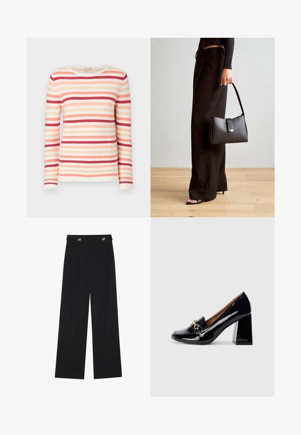 Langärmliger gestreifter Pullover aus weichem Stoff, mit horizontalen Linien in Pfirsich-, Rosa- und Rottönen, einem Rundhalsausschnitt und geripptem Material.; Schwarze weite Hosen mit hoher Taille, Knopfdetails am Bund und vorderen Falten.; Schwarzer Lackleder-Pumps mit spitzer Zehenform und Blockabsatz. Verfügt über einen dekorativen Riemen und eine Schnallendetail auf dem Vorderblatt.; Schwarze Handtasche mit strukturierter Form, glatter Textur und einem metallischen Verschluss. Kombiniert mit weiten schwarzen Hosen und offenen Sandalen auf einem Holzboden.