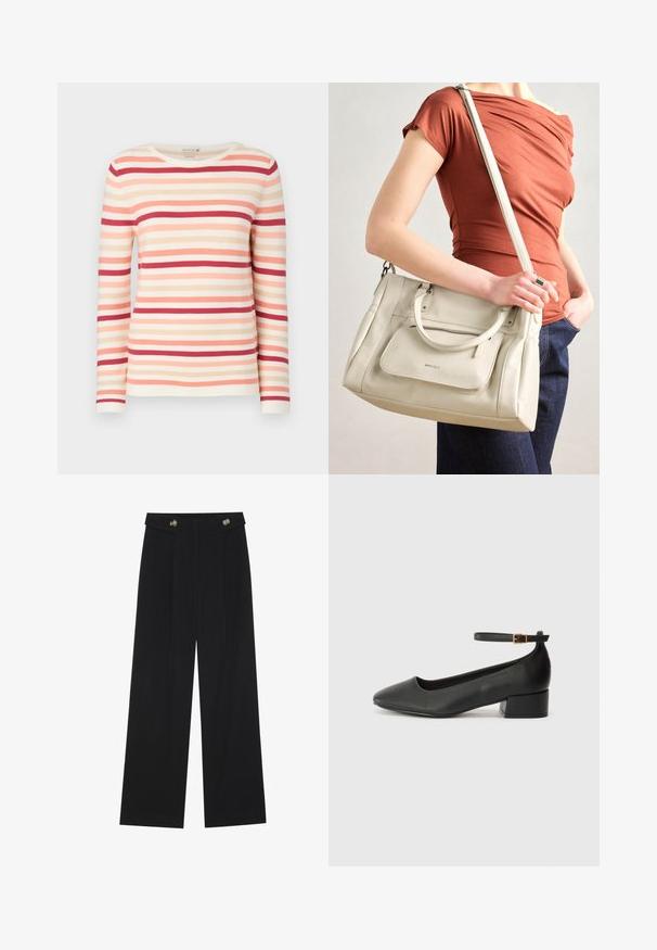 Langsleeve gestreepte trui van zachte stof, horizontale lijnen in tinten perzik, roze en rood, met een ronde hals en geribbelde textuur.; Zwarte wijde broek met hoge taille, knoopdetails op de tailleband en plooien aan de voorkant.; Zwarte leren pump met een spitse neus en een lage blokhak. Beschikt over een enkelband met een goudkleurige gespsluiting. Gladde textuur.; Witte leren handtas met dubbele handgrepen en een afneembare schouderband, met een voorzak met rits en een gladde textuur. Draagend aan de arm van een persoon.