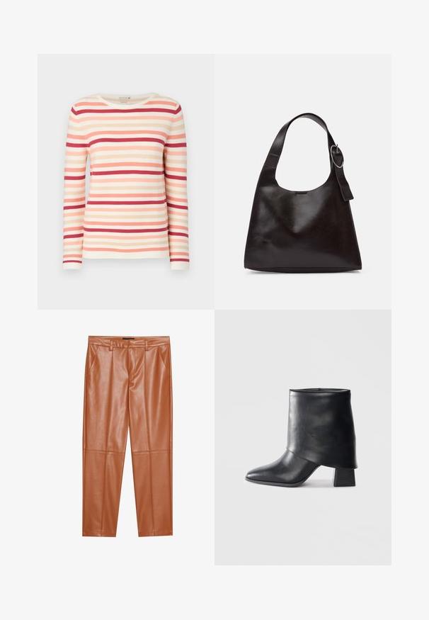 Ilgų rankovių dryžuotas megztinis, pagamintas iš minkštos medžiagos, su horizontaliomis linijomis persikų, rožinės ir raudonos spalvų atspalviais, su apvalia iškirpte ir grioveliais.; Rudos dirbtinės odos kelnės su pritaikytu siluetu, su priekinių klosčių ir tiesiomis kojomis. Sklandus paviršius be matomų metalinių detalių ar akcentų.; Juodos odinės kulkšnės botai su smailiu pirštu, lygiu paviršiumi ir standžiu blokiniu kulnu. Ypatybė - aukštas, sulankstytas užkulnis.; Ruda odinė petinė kuprinė su lygiu paviršiumi, apvalia forma, plačia juosta ir apvaliu metaliniu akcentu ant rankenos.