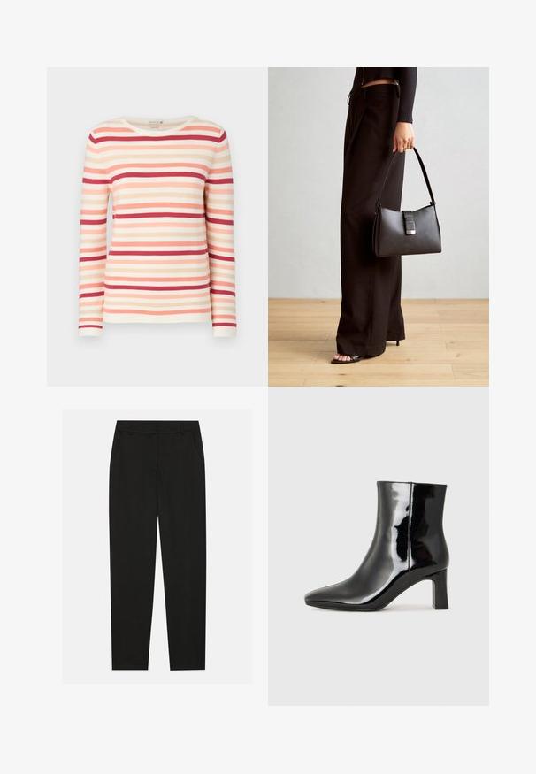 Pikkade varrukatega triibuline kampsun, millel on pehme kangas, horisontaalselt asetatud jooned virsiku, roosa ja punase tooni vahel, ümar kaelus ning soonikkoes tekstuur.; Mustad püksid, millel on kohandatud disain, küljetaskud ja sirge sääreosa. Valmistatud sileda, kerge kangaga, millel on peen viimistlus.; Must-sinine nahkjalats musta läikiva viimistlusega, millel on terav nina ja keskmise kõrgusega plokk konts. Sile tekstuur ja minimalistik disain.; Must musta kott, millel on struktureeritud kuju, sile tekstuur ja metallist klamber. Kombineeritud laiate mustade pükstega ja avatud varvaste sandaalidega puidust põrandal.