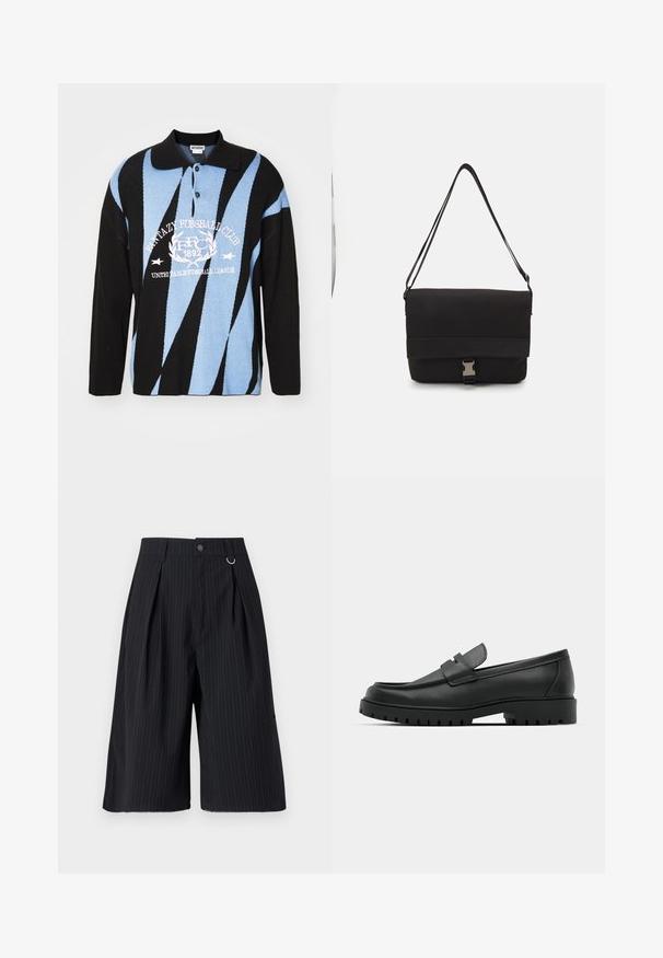 Schwarz, Blau und Weiß gestricktes Poloshirt mit geometrischen Mustern. Mit Kragen, Knopfleiste und grafischem Text auf der Brust. Lange Ärmel.; Schwarze Streifenshorts mit Falten, einem Knopfverschluss und einem metallenen Ringakzent. Glattes Gewebe mit maßgeschneiderter Passform und knielangem Design.; Schwarze Lederloafer mit runder Zehenform, ausgestattet mit einem gesteppten Design, niedrigem Plattformsohle und einer strukturierten, genoppten Gummisohle.; Schwarze Umhängetasche aus glattem Material, mit einem umklappbaren Deckel, silbernem Verschluss und verstellbarem Schultergurt.