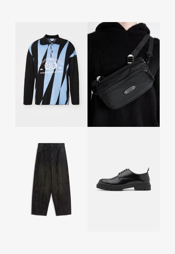 Schwarz, Blau und Weiß gestricktes Poloshirt mit geometrischen Mustern. Mit Kragen, Knopfleiste und grafischem Text auf der Brust. Lange Ärmel.; Schwarze weit geschnittene Jeanshose mit sichtbaren Nähten und fransigen Kanten, ausgestattet mit zwei vorderen Taschen und einem hoch geschnittenen Design.; Schwarze Leder Schnürschuhe mit runder Zehenpartie, glatter Oberfläche und genoppter Gummisohle. Verfügen über einen kleinen Absatz und eine Ziehschlaufe auf der Rückseite.; Schwarze Nylon-Crossbody-Tasche mit verstellbarem Gurt, ausgestattet mit einer glatten Textur, einer vorderen Reißverschlusstasche und einem Logo-Detail.
