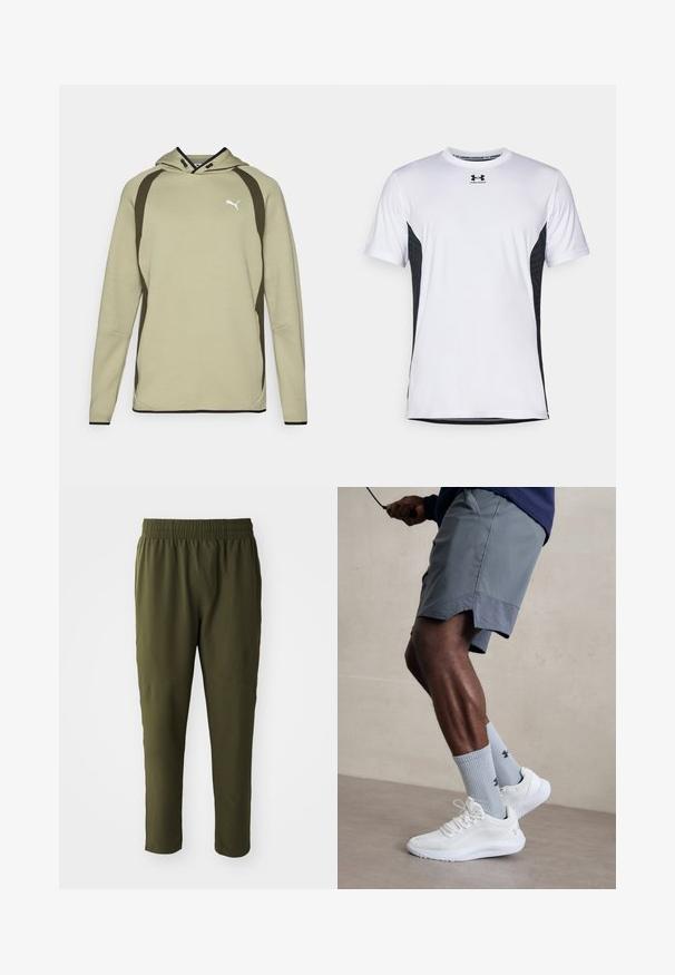 Light green hoodie with a kangaroo pocket, black accents along the sides and hem, and a white logo on the chest. Soft, textured material.; Under Armour CHALLENGER PRO SS - Sports T-shirt - white/black; Olive green pants made from a smooth, lightweight material. Features an elastic waistband and tapered legs with stitched detailing.; White athletic shoes with textured mesh upper, paired with light blue ribbed socks featuring a logo. Grey athletic shorts with perforated trim.